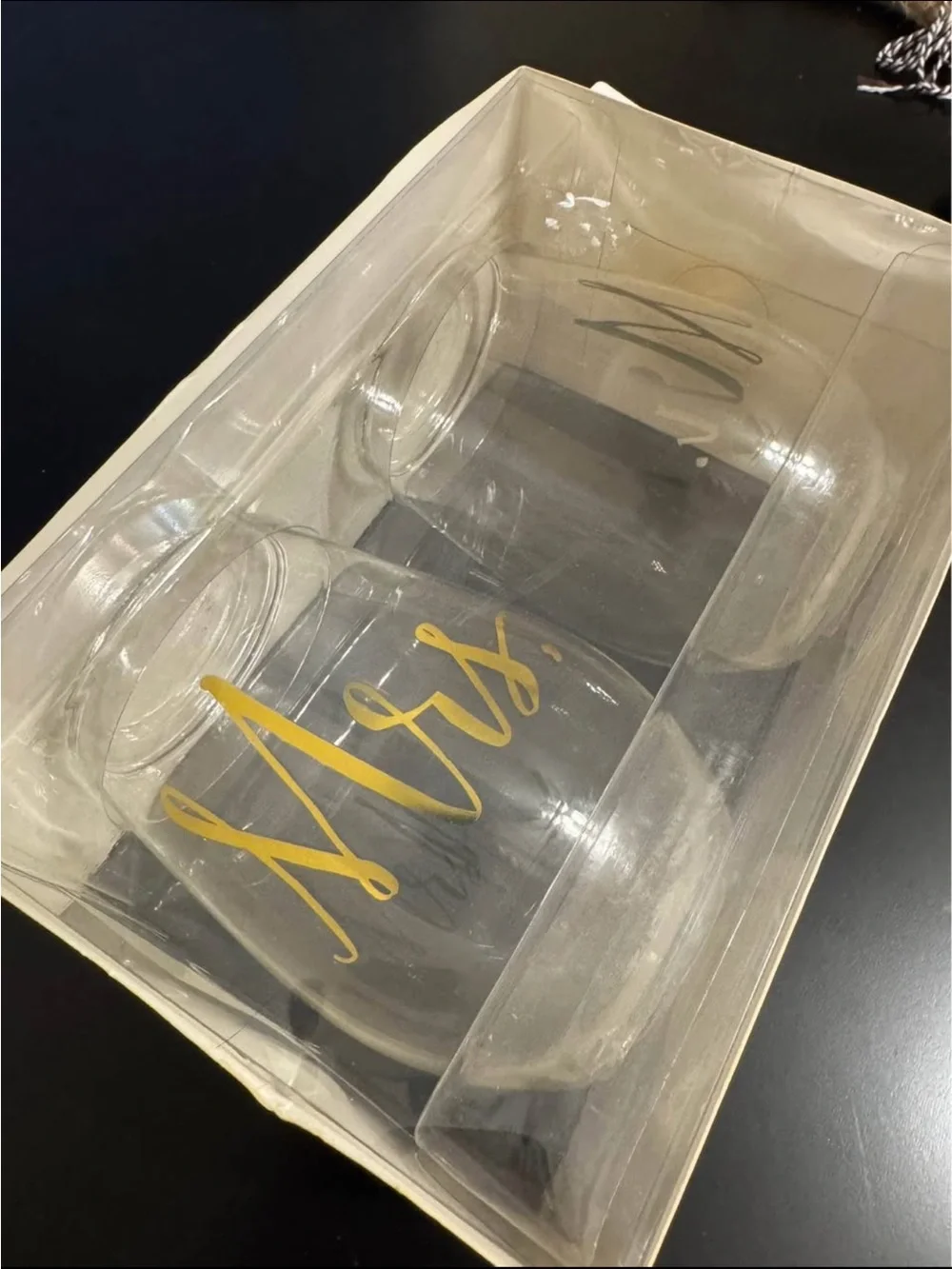 Set of 2 Stemless Wine Glasses with Gold 'Mrs.' Script